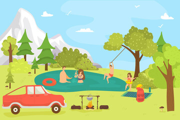 Cartoon family in forest, nature summer landscape and people, vector illustration. Man woman character at lake, outdoor relax with flat child. Natural design background, happy picnic at vacation.