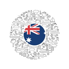 Sea port concept. Freight vessels or ships icons. Maritime transportation. Brochure, report or cover design template. Flag of Australia in the center of circle frame with thin line icons.