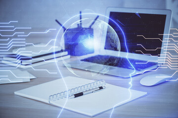 Multi exposure of work table with computer and brain hologram. Brainstorm concept.
