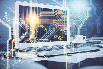 Multi exposure of table with computer and world map hologram. International data network concept.