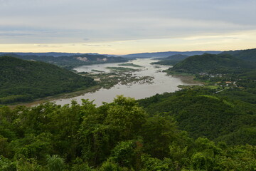 Mekong river, mountain and countryside bird eyes view scenery,
Phu Huay E-San View Point Nong Khai, Thailand.