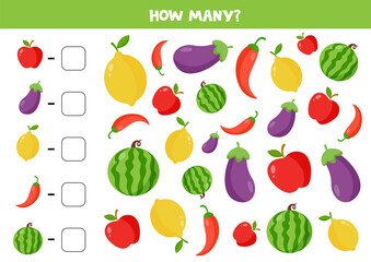 Count the amount of vegetables and fruits. Write down right answer.