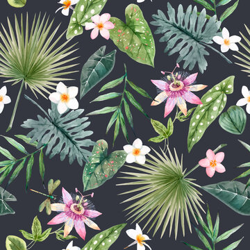 Beautiful vector seamless pattern with watercolor tropical leaves and flowers. Stock illustration