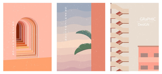 Set of three abstract graphic aesthetic backgrounds with stairs, arc, leaves in Boho style. Trendy vector illustration in terracotta colors for wall decoration, postcard or brochure, social media.