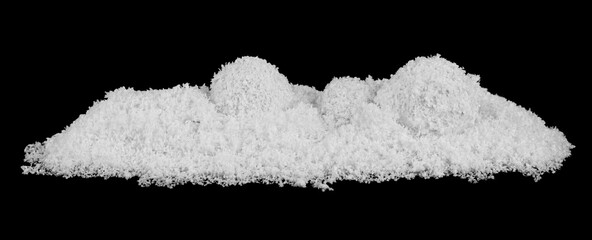 Pile of white fluffy snow isolated on black background close up.