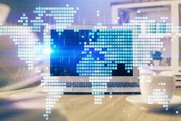 Multi exposure of business theme icons and table with computer background. Concept of success.