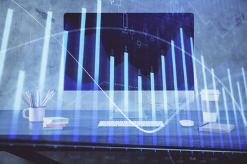 Forex market chart hologram and personal computer background. Multi exposure. Concept of investment.