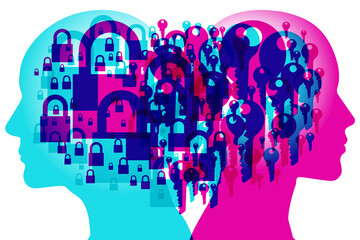 A male and female back to back side profile with various sized transparent magenta & cyan keys & padlocks are overlaid - Each represents a state of mind by each to think and willingness to listen.