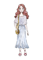 Woman and girl traveling illustration. Urban travel set. Watercolor travel. Sketch of hipster travel set. Summer vacation drawn on paper.