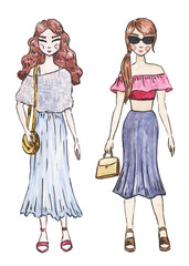 Woman and girl traveling illustration. Urban travel set. Watercolor travel. Sketch of hipster travel set. Summer vacation drawn on paper.