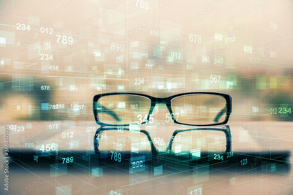 Poster Data tech hologram with glasses on the table background. Concept of technology. Double exposure.