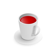 Realistic 3d cup of hot aromatic healthy herbal rooibos or hibiscus red tea. A teacup isometric view isolated on white background. Vector illustration for web, design, menu, app