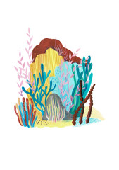Reef with colorful corals, sponge, anemone and shell. Underwater landscape, hand drawn watercolor illustration.