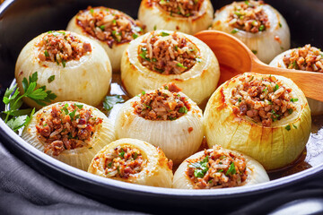 caramelized roasted whole onions stuffed with minced lamb and rice
