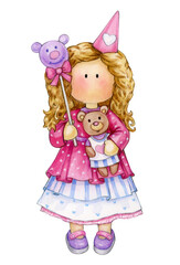 Cute girl holding Teddy  and balloon, isolated on white. Watercolor illustration.
