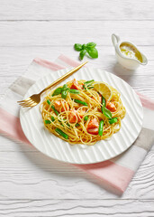 Gourmet salmon pasta with green beans and garlic butter sauce