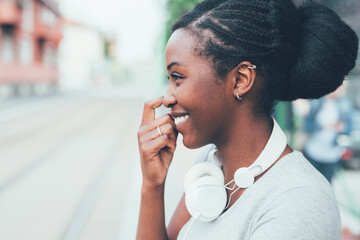 Portrait confident smiling woman outdoor - Black female customer having fun feeling free - girl...