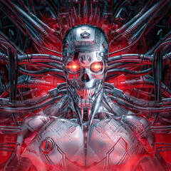 Chrome killer robot / 3D illustration of science fiction skull faced evil cyborg connected to alien machinery