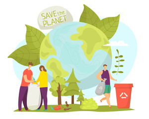 Obraz na płótnie Canvas Planet environment and ecology care, vector illustration. People character save earth nature, clean environmental world concept. Cartoon global protection, man woman volunteer design.