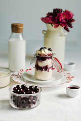 Homemade dessert with crème anglaise and cherry sauce, jars with crème anglaise and cherry, bottle of milk, vase with flowers on the light grey background