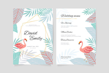 Wedding invitation and menu template with blue leaves and pink flamingo © liliia_sinhina