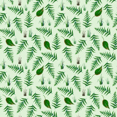 Fototapeta na wymiar seamless pattern with green leaves, ferns and forest grasses