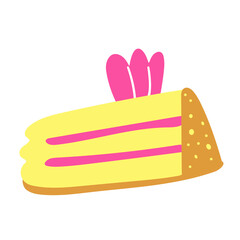 Piece of cake garnished with pink cream. Hand drawn vector illustration isolated on white background. Yellow and pink colors. Great for kids design.