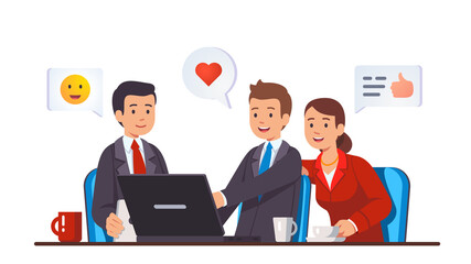 Business meeting behind work desk with computer