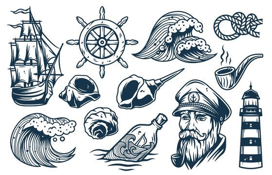 Set of nautical elements for marine design. Captain cap, sailor helm and ship rudder, sea house with waves