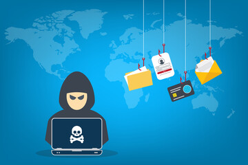 Hacker with laptop computer stealing confidential data, personal information and credit card detail. Hacking concept.	