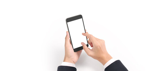 Obraz na płótnie Canvas Hand holding smartphone device, touching screen