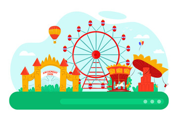 Naklejka premium Amusement park with fun carousel design, vector illustration. Cartoon balloon, fair wheel flat attraction and entertainment concept.Carnival castle at festival city, playground landscape.