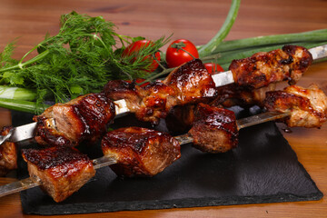 Pork shashlik kebab on the sticks