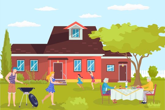 Barbecue at flat home, cartoon bbq character vector illustration. Cooking at outdoor house yard, family backyard picnic. Father mother and kid have outside party, happy people together.