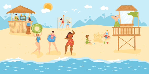 Beach leisure for people at summer vacation, vector illustration.Man woman character at tropical ocean resort, holiday cartoon lifestyle. Happy relax travel at seaside, fun recreation activity.