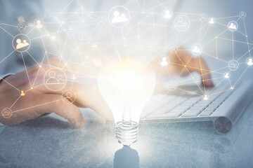 Social network theme hologram with businessman working on computer on background. Multi exposure.