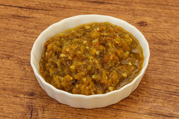 Green spicy sauce in the bowl
