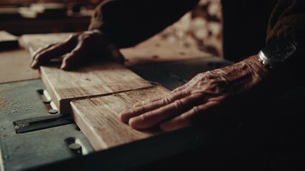 Old man hands working with a circular saw cutting a piece of wood in straight line in his cellar with a wooden background