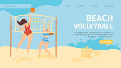 Beach flat sport banner, vector illustration. People cartoon character play volleyball, girl lifestyle activity at template page. Outdoor summer active with ball and playing game, web landing design.