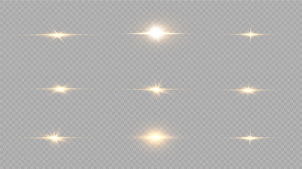 Fototapeta na wymiar Shining golden stars isolated on black background. Effects, glare, lines, glitter, explosion, golden light. Vector illustration