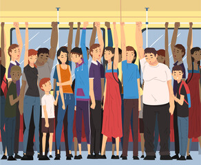 Fototapeta premium Different People Standing Inside Crowded Subway Holding Handrails, Passengers Using City Public Transport Vector Illustration