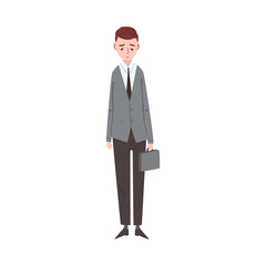 Obraz premium Sad Businessman Standing with Briefcase, Depressed Unhappy Male Office Worker Character in Suit, Tired or Exhausted Manager Vector Illustration