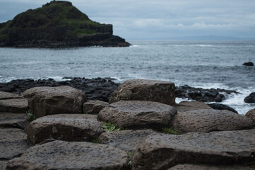 The Giant's Causeway in Northern Ireland, hexagonal rocks on the coast.