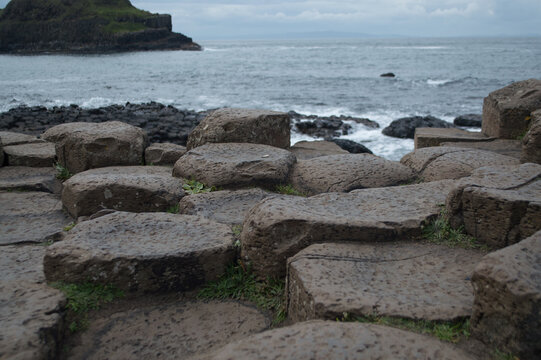 The Giant's Causeway In Northern Ireland, Hexagonal Rocks On The Coast.