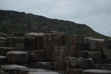 The Giant's Causeway in Northern Ireland, hexagonal rocks on the coast.