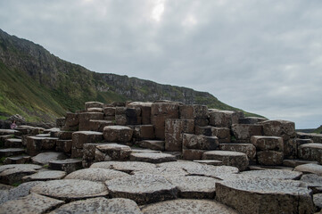 The Giant's Causeway in Northern Ireland, hexagonal rocks on the coast.