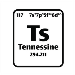 Tennessine (Ts) button on black and white background on the periodic table of elements with atomic number or a chemistry science concept or experiment.	