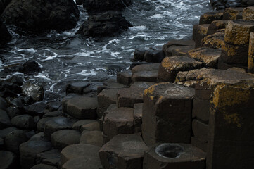 The Giant's Causeway in Northern Ireland, hexagonal rocks on the coast.
