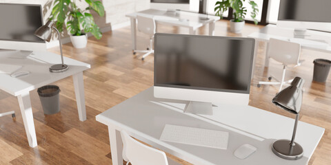 Modern office with computers mockup. Black screen. 3d illustration