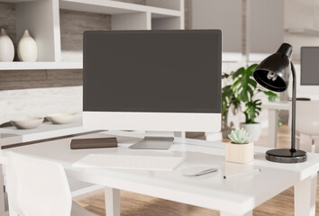 Modern office with computers mockup. Black screen. 3d illustration